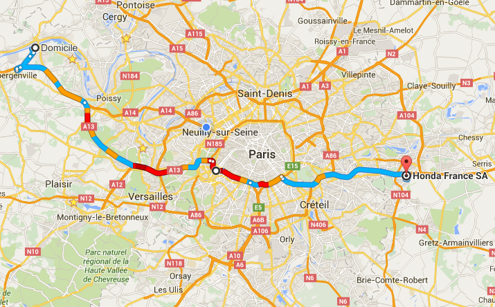Google Maps - Les Mureaux vers Croissy-Beaubourg